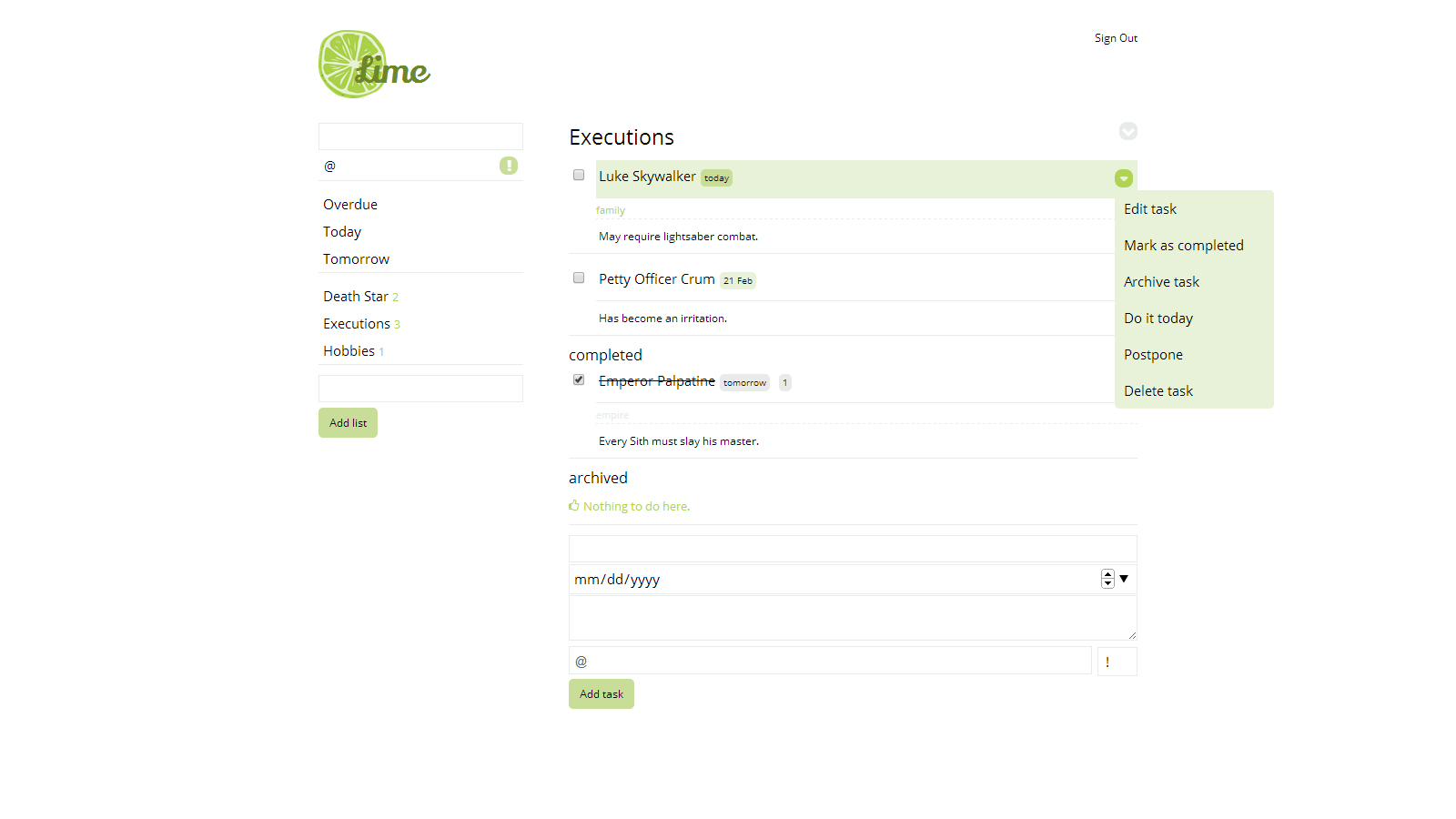 Lime task management interface