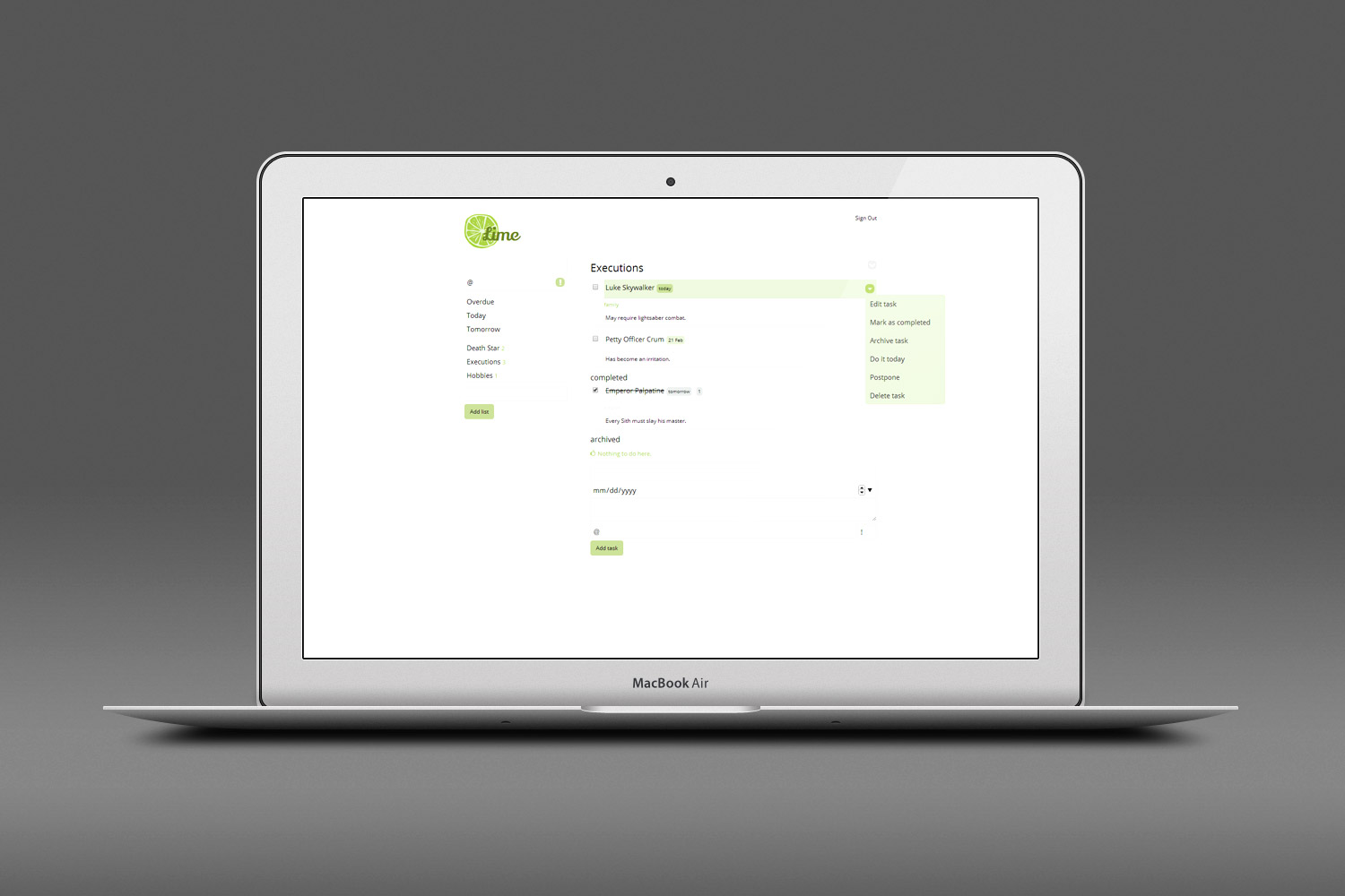 Lime task management interface